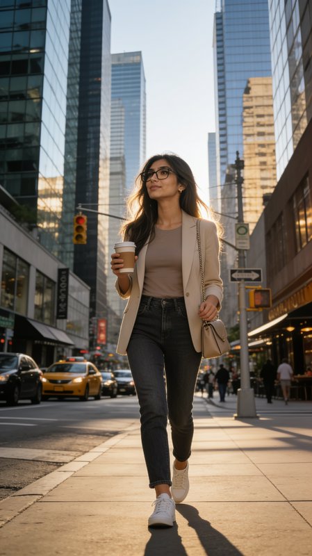 Confident young professional woman walking sunlit downtown city sidewalk holding takeaway coffee on her morning commute.