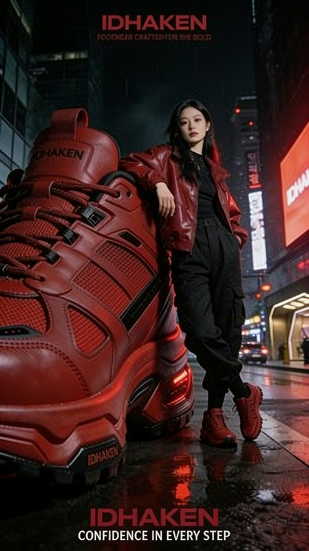 Fashion model leans on oversized red IDHAKEN sneaker on rainy neon-lit city street in a nighttime...