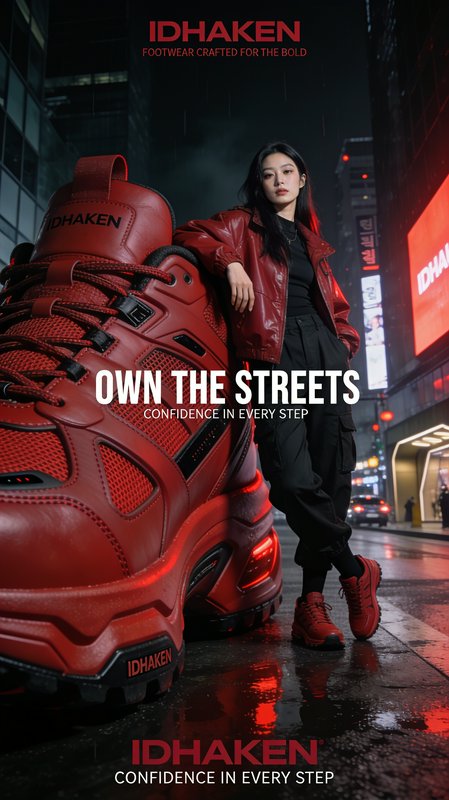 Promotional fashion ad: model in red street sneakers leans on oversized IDHAKEN shoe on rainy neo...