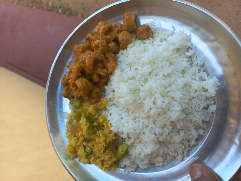 Stainless steel thali plate with fluffy steamed white rice, spiced soya curry, and vegetable sabz...