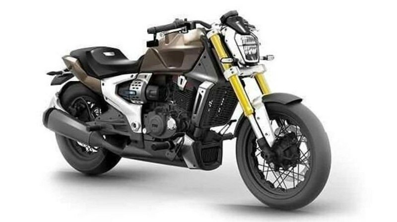 Angular modern naked cruiser motorcycle with gold front forks displayed on a plain white studio b...