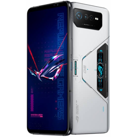 Angled side view showing the front display and rear chassis of a silver ASUS ROG gaming smartphone