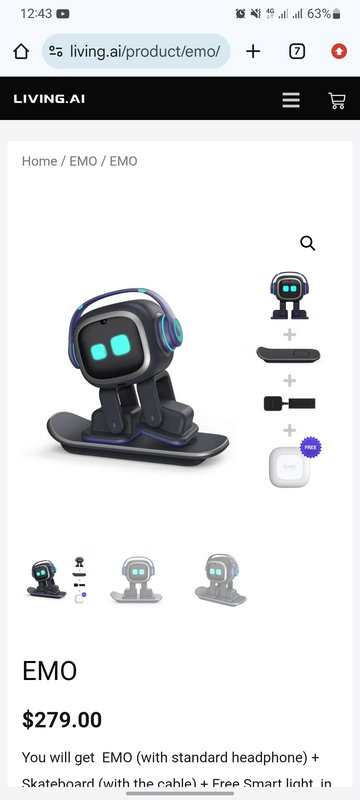 Mobile screenshot of Living.ai product page showing the EMO interactive AI companion robot bundle...