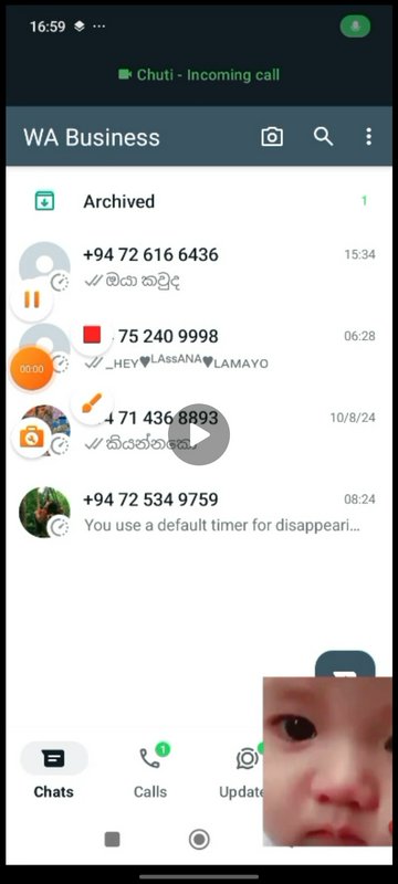 Screenshot of WhatsApp Business chat interface with overlapping UI glitches, incoming call alert,...