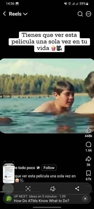 Screenshot of a social media Reel showing a teen swimming in a lake, with Spanish text recommendi...