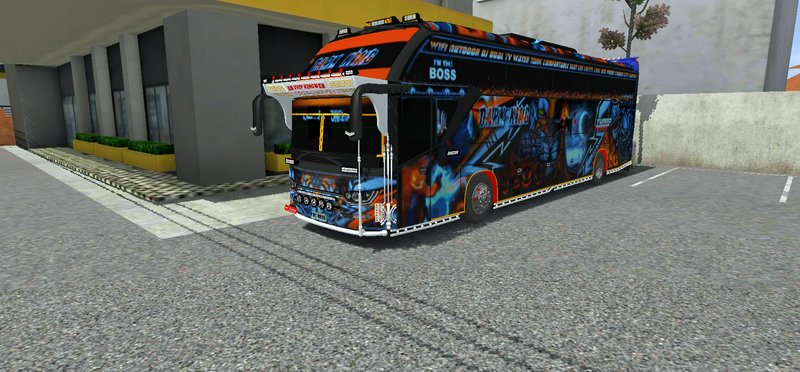 Custom graffiti-wrapped "I'm the Boss" mod bus parked at a terminal in a driving simulator