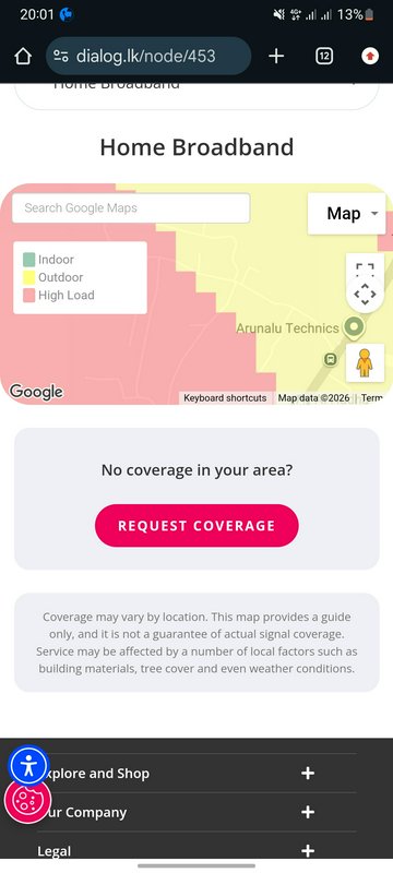 Dialog home broadband coverage checker page displaying a color-coded service map on a mobile browser