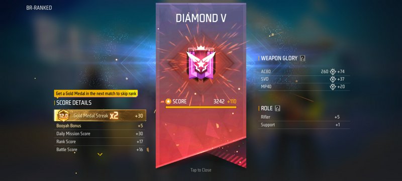 Garena Free Fire post-match screen showing a promotion to Diamond V battle royale rank