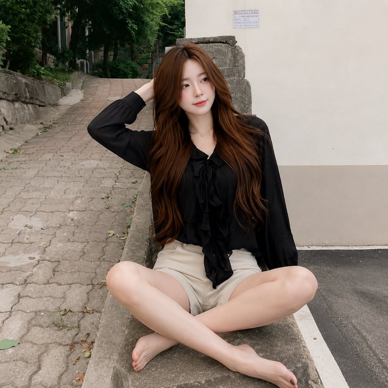 Young East Asian woman with long wavy brown hair sits barefoot on a residential sidewalk curb, wearing a black ruffled blo...