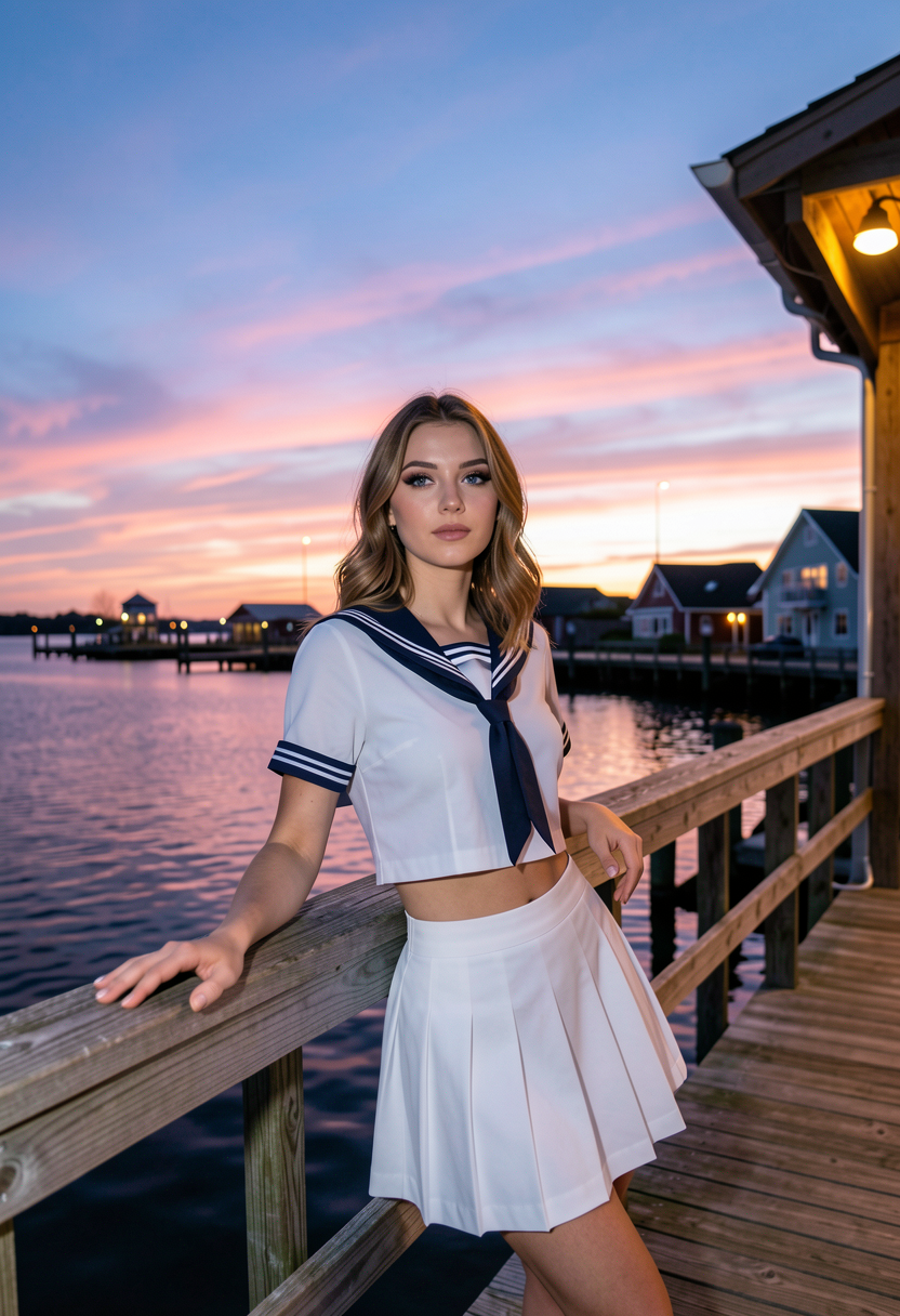 Young woman in a white sailor uniform posing on a wooden pier at sunset by the harbor.