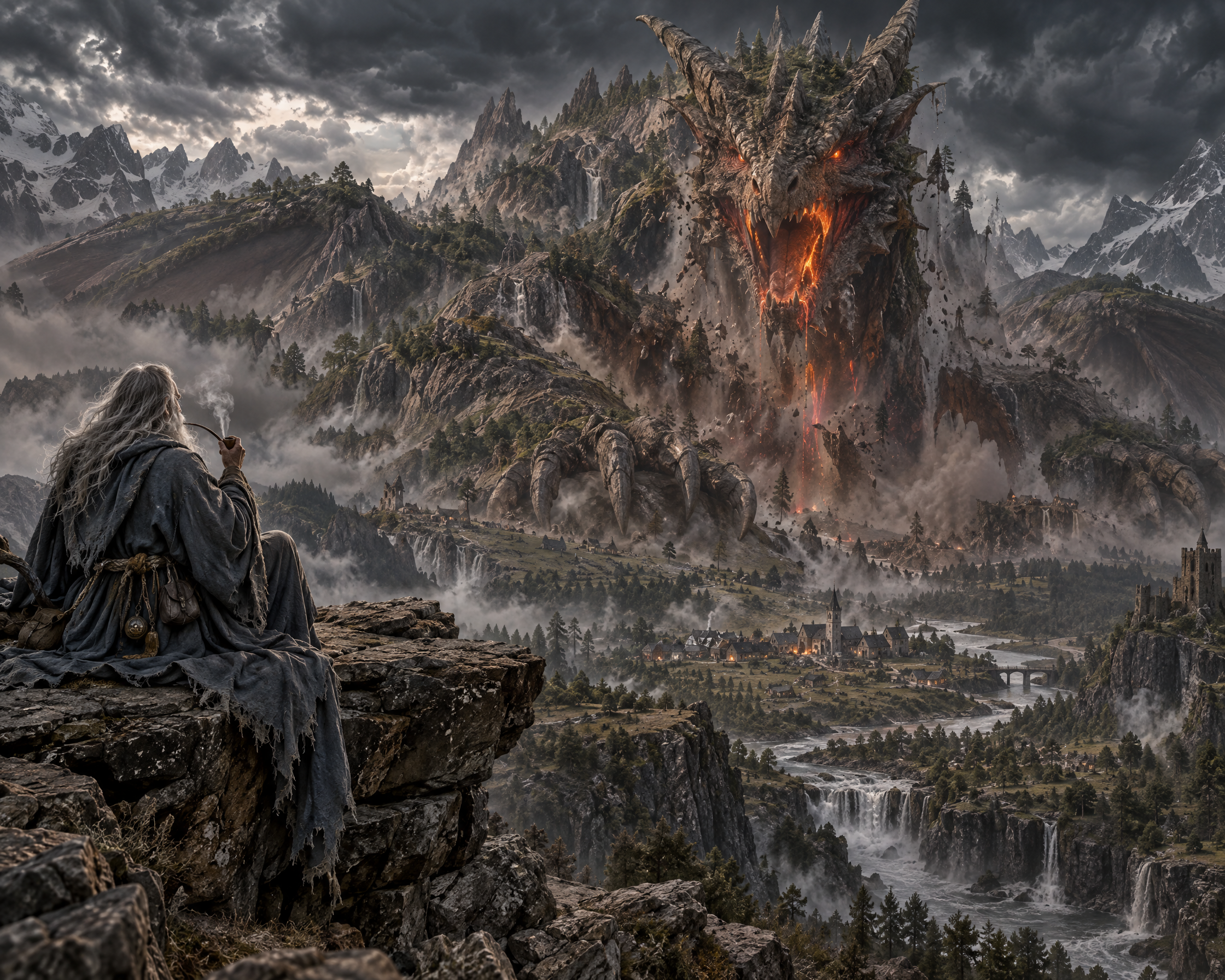 [Gray-robed wizard sits on a rocky cliff observing a colossal living mountain dragon roaring over a fantasy alpine valley ...