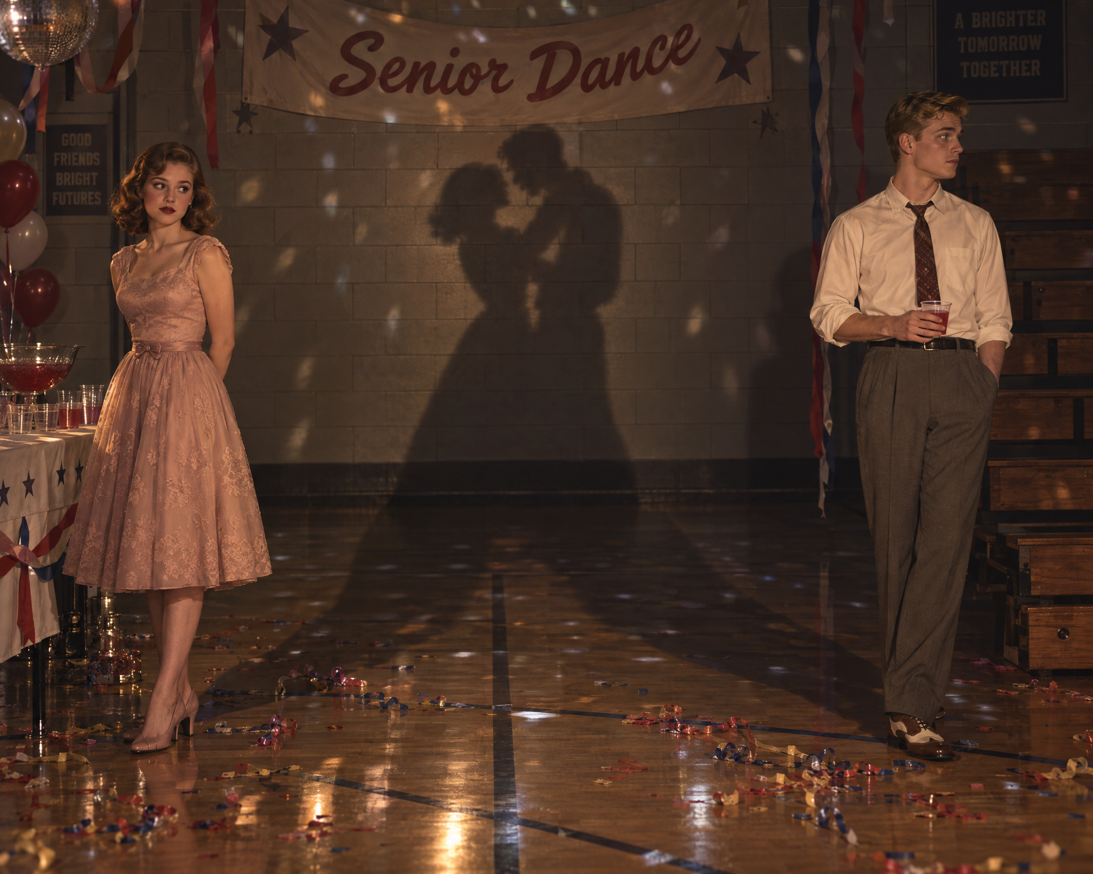 Pensive young couple stand apart at a vintage 1950s high school senior dance in a decorated gym