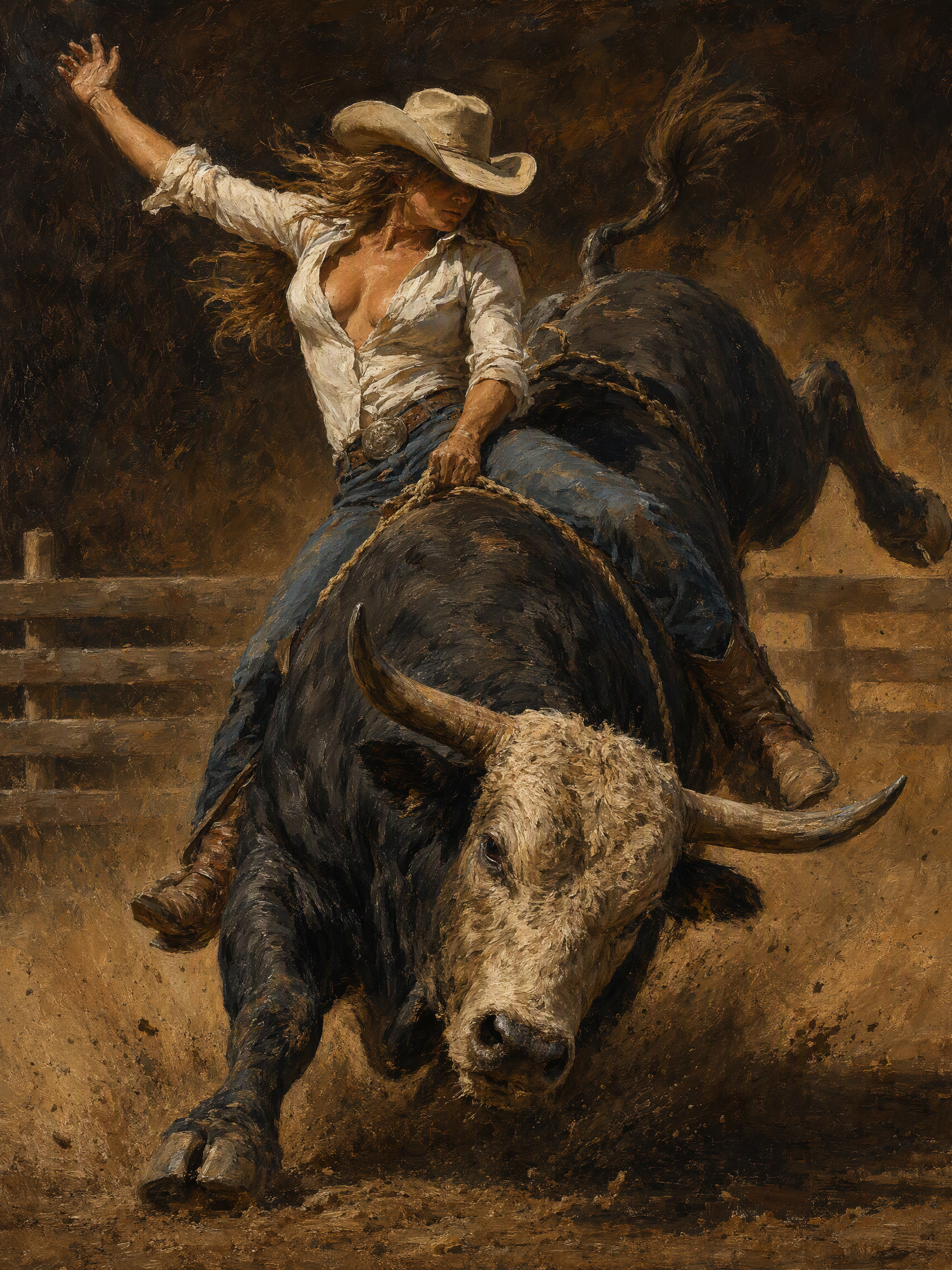 Cowgirl keeps her balance while riding a bucking bull in a dusty rodeo arena
