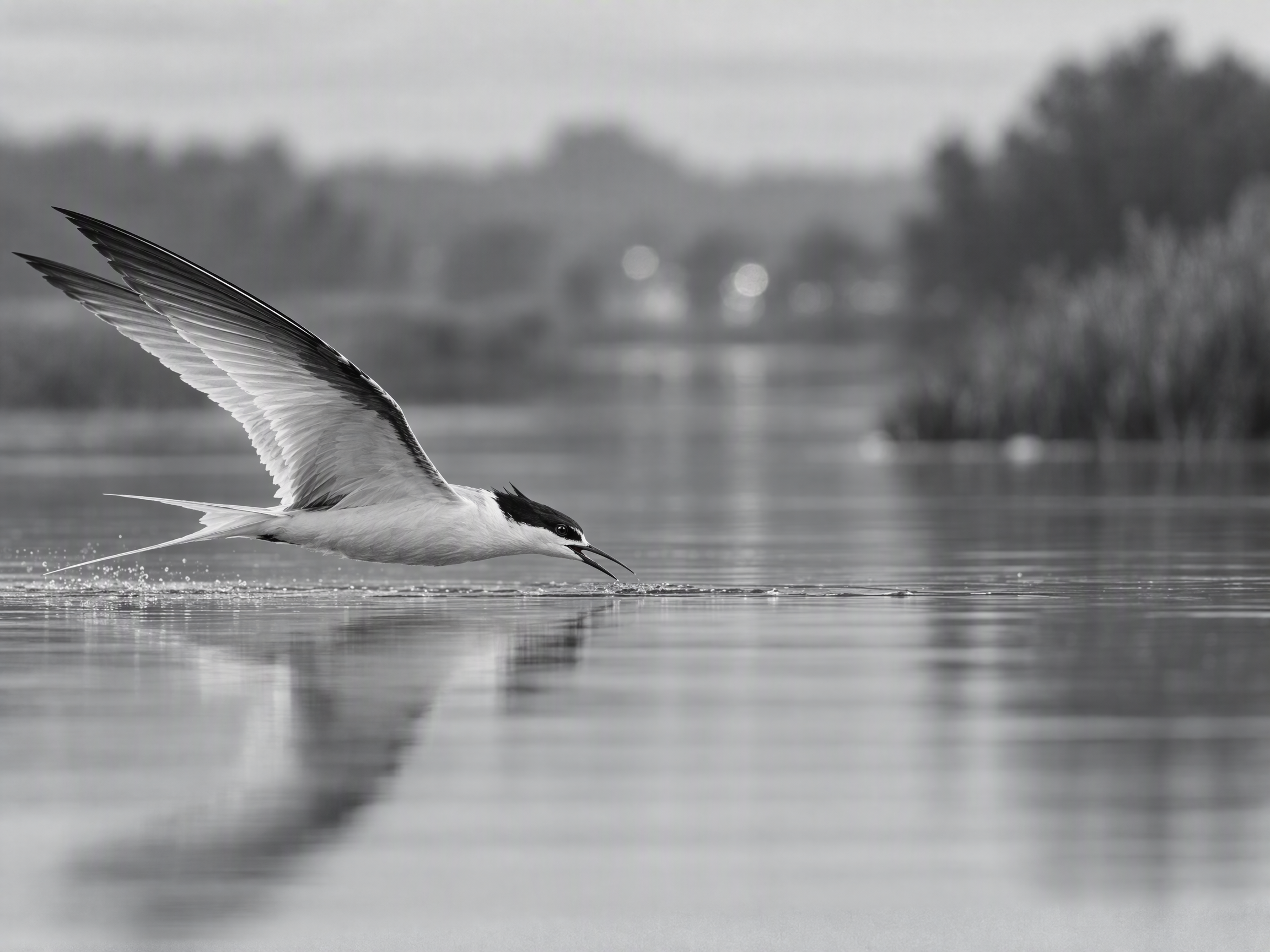 Common tern skims low over calm reflective lake water with wings fully spread