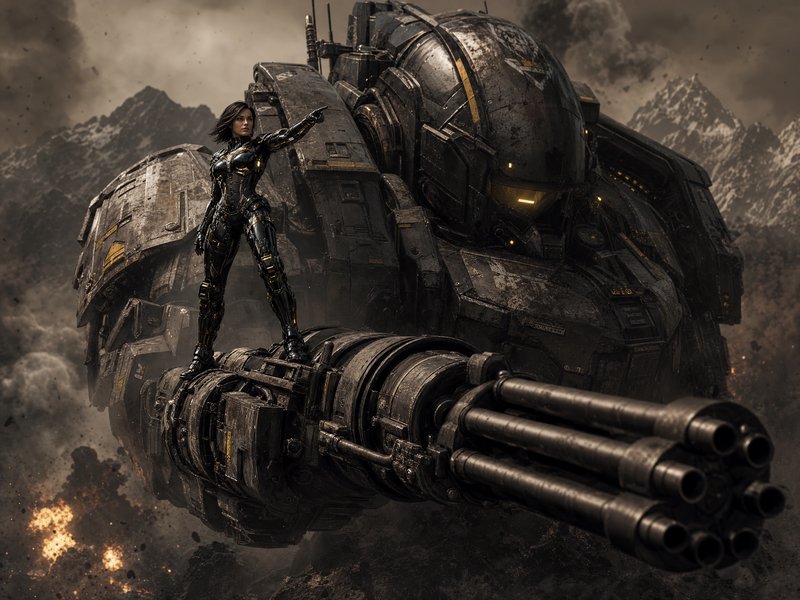 Female power armor pilot points while standing on a giant battle mech's cannon on a war-torn moun...