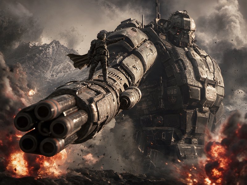Armored soldier stands on the arm of a massive combat mech pointing across a smoky, explosive mou...