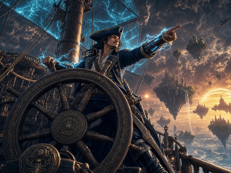 Fantasy pirate captain at ornate ship wheel, glowing lightning magic, steampunk airship above flo...