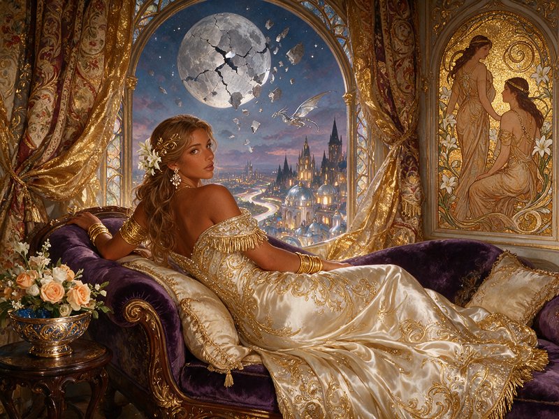 Regal fantasy noblewoman in an ornate gold gown reclines on a purple chaise, looking back, with a...