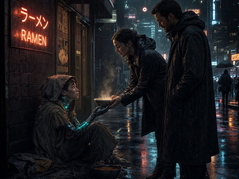 Woman offers steaming ramen to a seated cyborg child outside a neon ramen shop on a rainy cyberpu...
