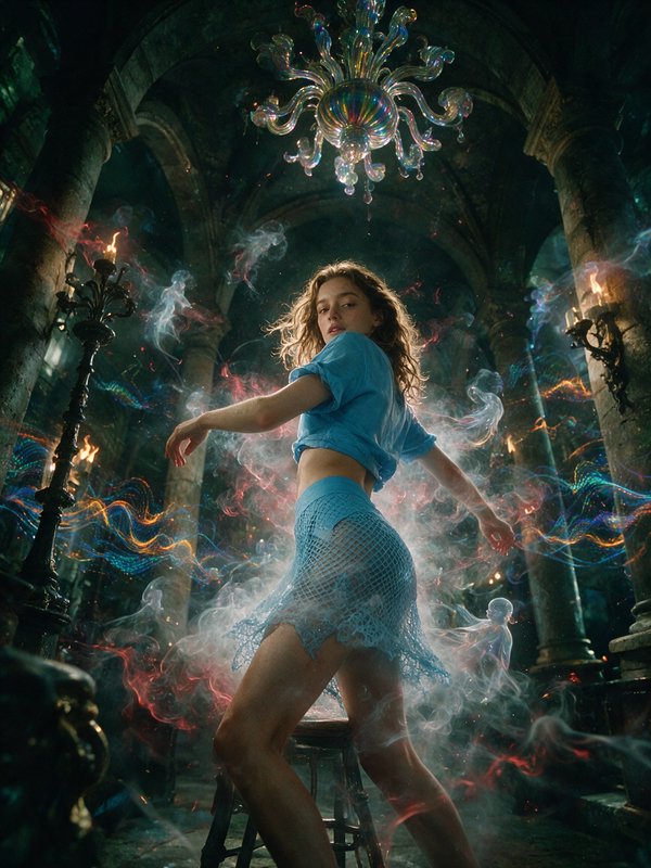 Young woman in blue outfit dancing surrounded by magical spirits in a candlelit gothic hall with ...