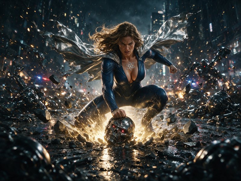 Fierce female superhero crouches crushing a robot skull, sparks flying, on a battle-ravaged rainy...