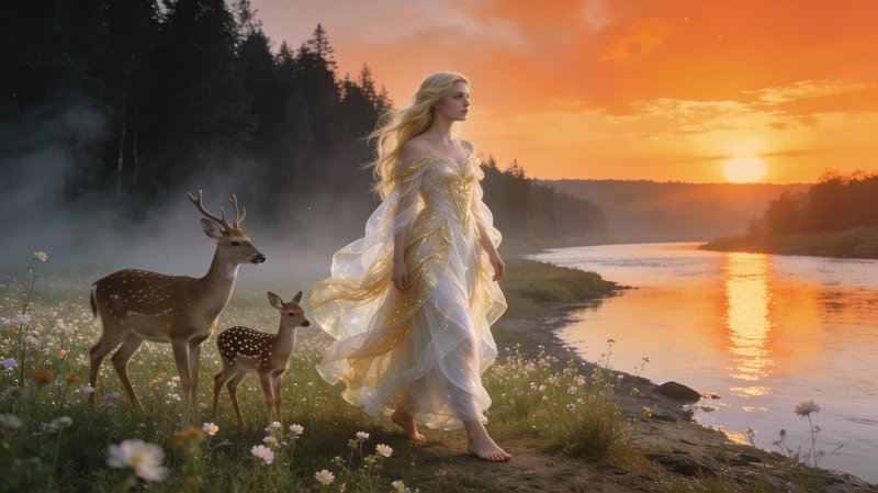 Ethereal blonde fantasy goddess walks a riverbank at golden sunset alongside a spotted buck and f...