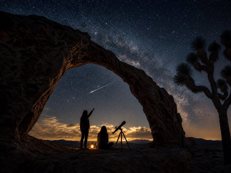 Two silhouetted people stargazing under a natural desert rock arch at night, beside a telescope a...