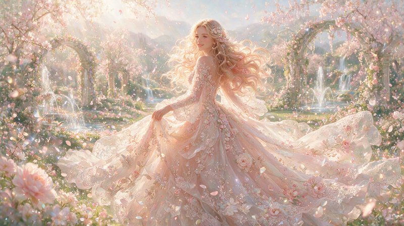 Ethereal fairy princess in pink floral gown stands in a sunlit enchanted cherry blossom garden wi...