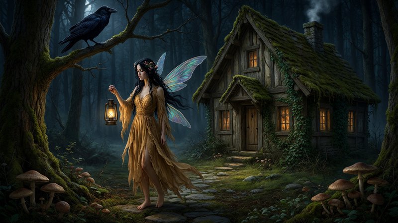 Winged fairy holding a lit lantern stands on a misty forest path, beside a mossy cottage with a r...
