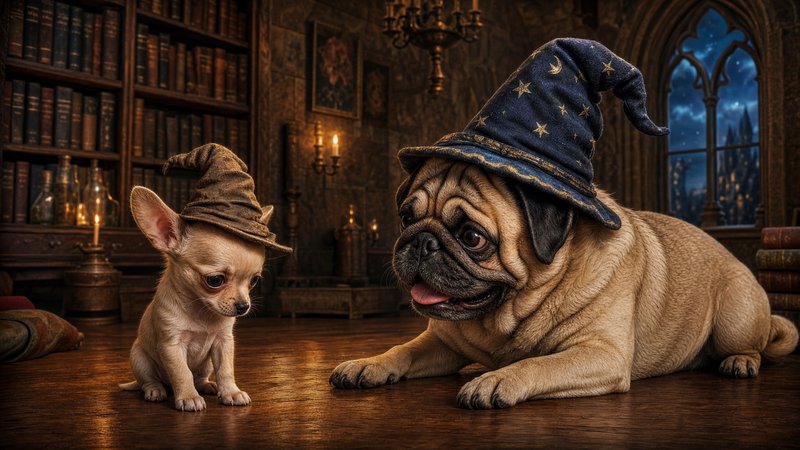 Tiny chihuahua puppy and pug wearing wizard hats pose together in a cozy candlelit gothic wizard ...