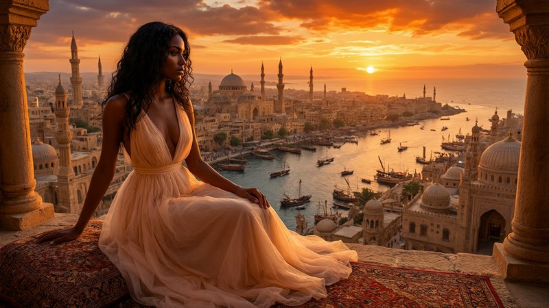 Elegant woman in a flowing peach gown sits on a carved stone balcony overlooking an ancient Middl...