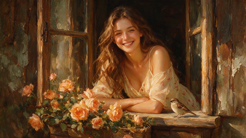 Impressionist oil painting of smiling young woman leaning out a sunlit rustic window with peach r...