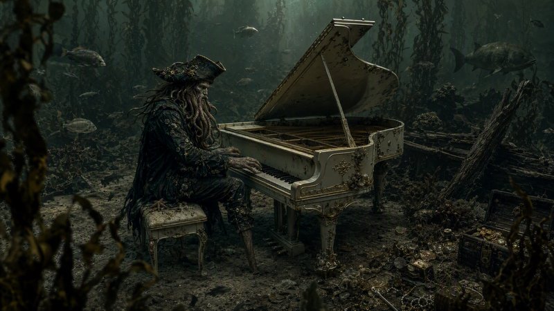 Cursed tentacle-bearded pirate plays a barnacled grand piano on a murky sunken underwater seabed ...