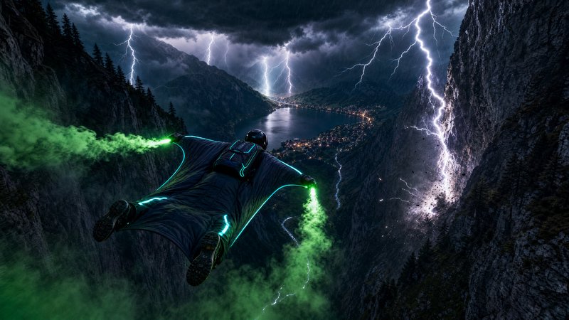 Futuristic wingsuit flyer with glowing green thrusters glides through a stormy mountain valley as...