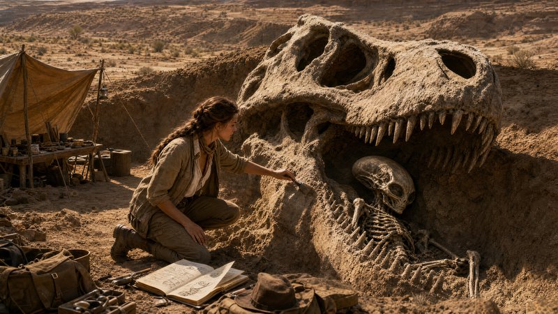 Female archaeologist brushes sediment from a T-rex skull fossil holding an alien skeleton at a de...