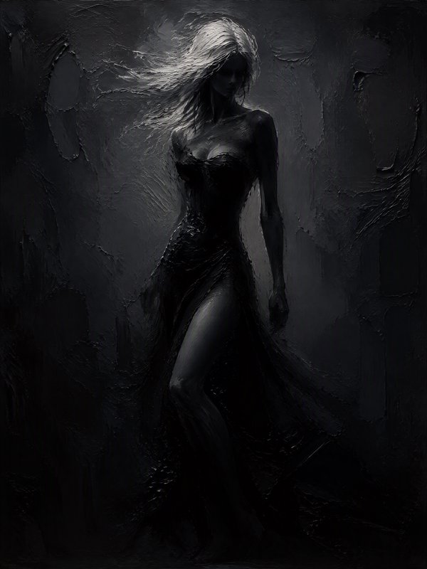 Textured impasto dark fantasy painting of an ethereal pale woman with wind-swept hair in a black ...