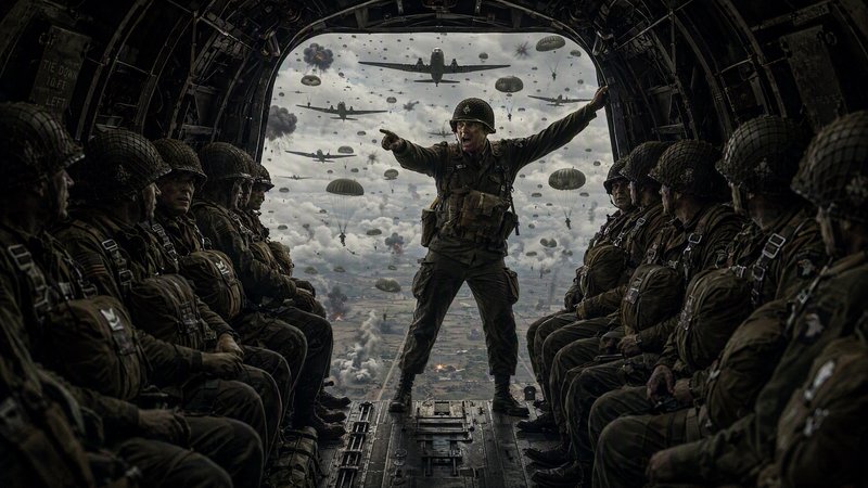 WWII paratrooper commander shouts jump orders to seated soldiers from an open transport plane ram...