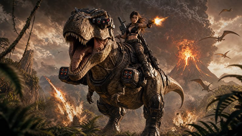 Tactical female warrior rides a cybernetically armored T-Rex firing a weapon, erupting volcano prehistoric jungle backdrop