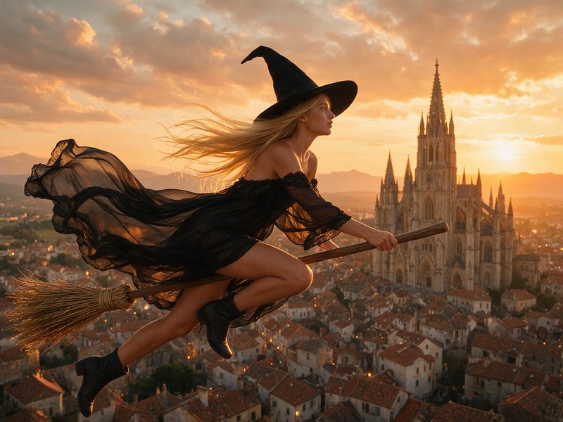 Blonde witch in a black pointed hat flies on a broomstick over a gothic medieval city at golden s...