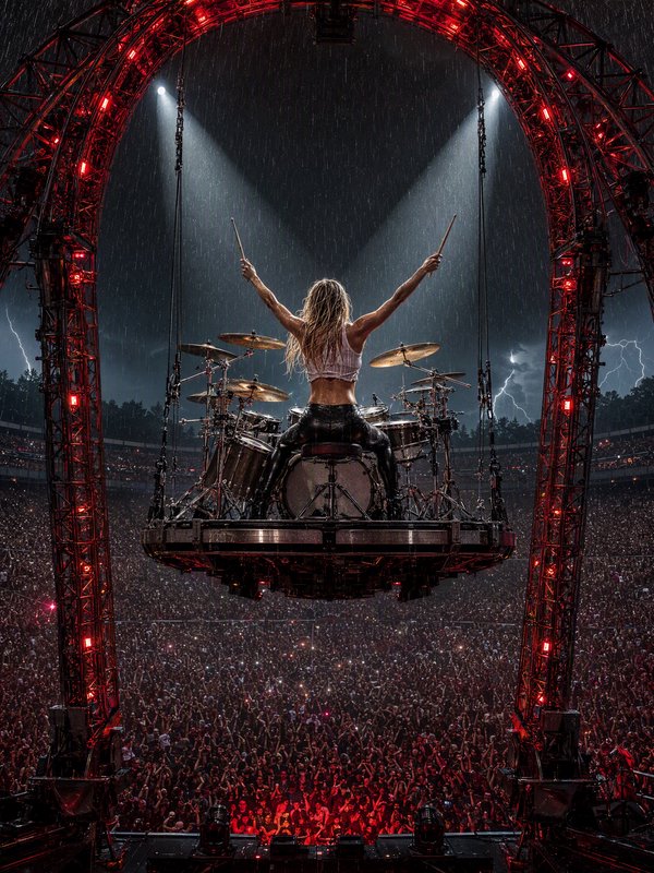 Rear view of female rock drummer holding drumsticks aloft on suspended stage above a massive rain...