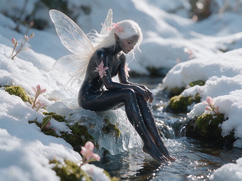 Ethereal dark-skinned fairy with translucent gossamer wings sits on ice, dipping her feet in a sn...