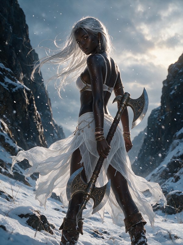 Dark skinned fantasy warrior with windswept silver hair holds an ornate battle axe in a snowy mou...