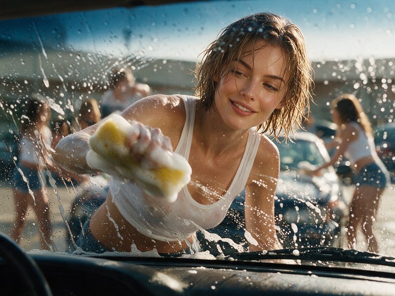 Smiling young woman scrubs a soapy car windshield with a sponge, viewed from inside the vehicle o...