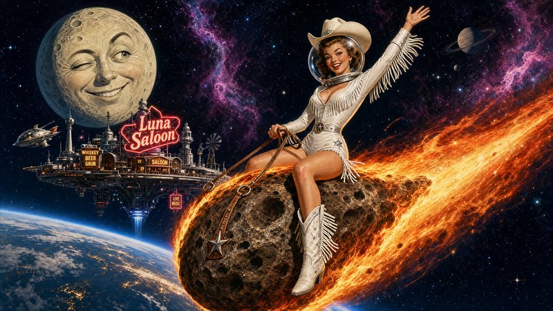 Retro-futurism space cowgirl in a fringed white suit rides a flaming comet past a floating Luna S...