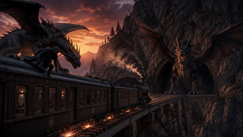 Dark fantasy illustration: steam train on mountain trestle, confronted by giant winged dragons at...