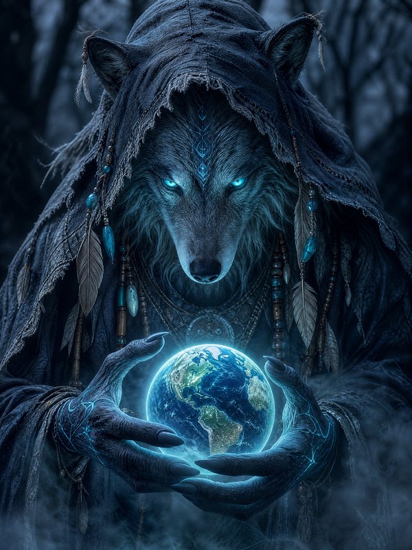 Anthropomorphic wolf shaman with glowing cyan eyes holds a luminous Earth orb in a misty dark forest