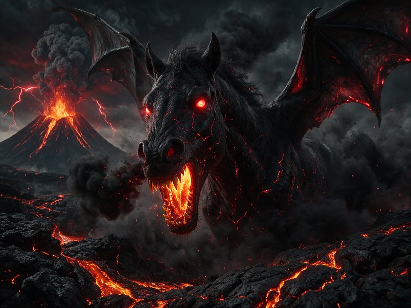 Menacing winged demonic hell horse with glowing red eyes stands in a lava-covered volcanic wastel...