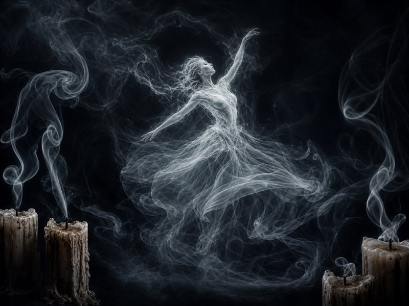 Wispy smoke forms an ethereal dancing ballerina, framed by snuffed dripping wax candles against a...