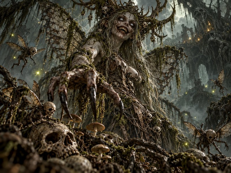 Menacing undead bog faerie queen reaches out with clawed hands, surrounded by skulls and skeletal...