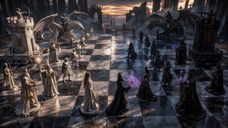Epic giant fantasy chessboard with opposing light and dark faction pieces, including dragon rider...
